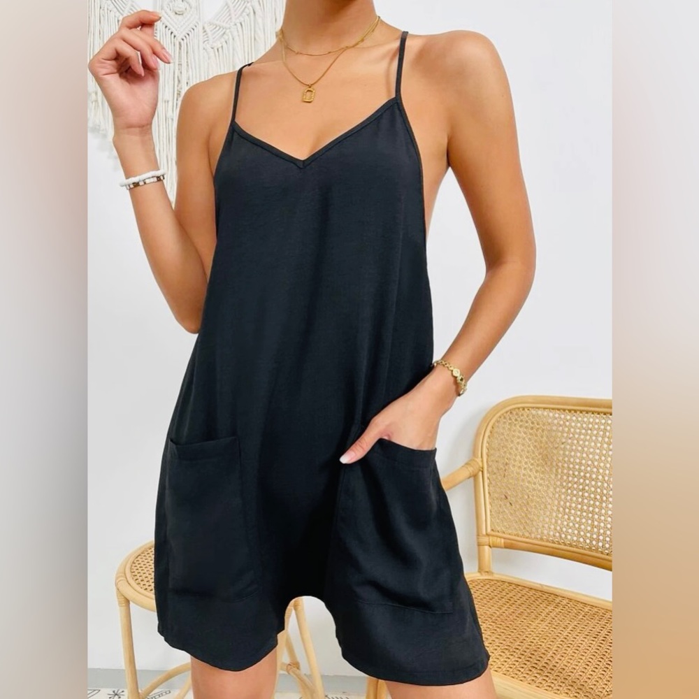 Patched pocket solid cami romper